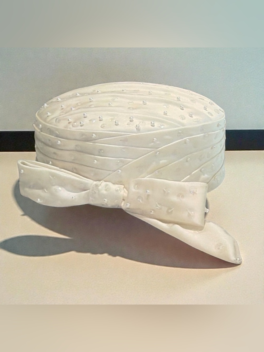 Frances Berman Fashions Ivory Satin Pearl Beaded Turban Hat | Vintage | NWOT